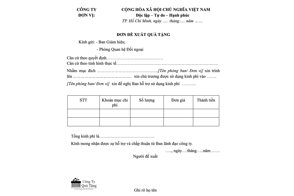 Mẫu đơn đề xuất quà tặng