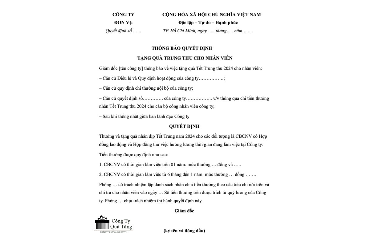 Mẫu 1 - Thông báo tặng quà cho nhân viên