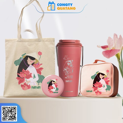 Set quà tặng 20/10 ly giữ nhiệt, túi canvas, gương và túi xách nhỏ SQ2014
