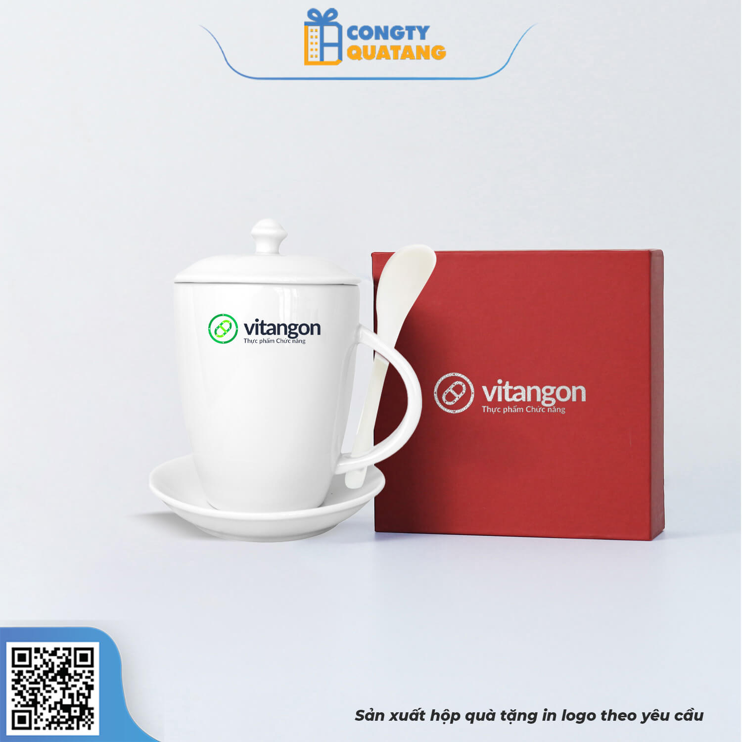 Ly Sứ Bát Tràng Quai Cầm Liền Thìa Có Nắp Đậy QT-CS131 - Congtyquatang.com.vn