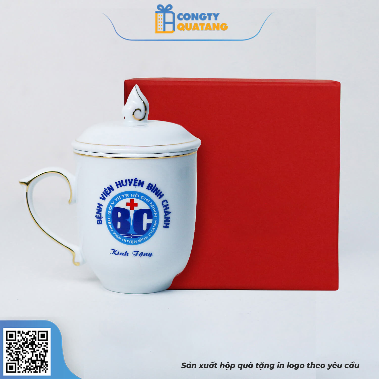 Ly Sứ Trắng Có Nắp Ngọn Lửa – Chỉ Vàng Bát Tràng QT-CS141 - Congtyquatang.com.vn