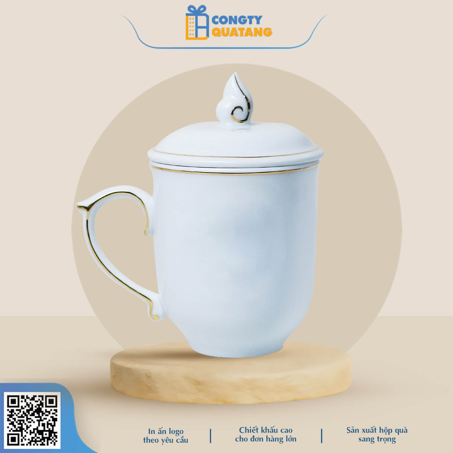 Ly Sứ Trắng Có Nắp Ngọn Lửa – Chỉ Vàng Bát Tràng QT-CS141 - Congtyquatang.com.vn