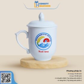 Ly Sứ Bát Tràng Trắng Có Nắp Ngọn Lửa QT-CS102 - Congtyquatang.com.vn